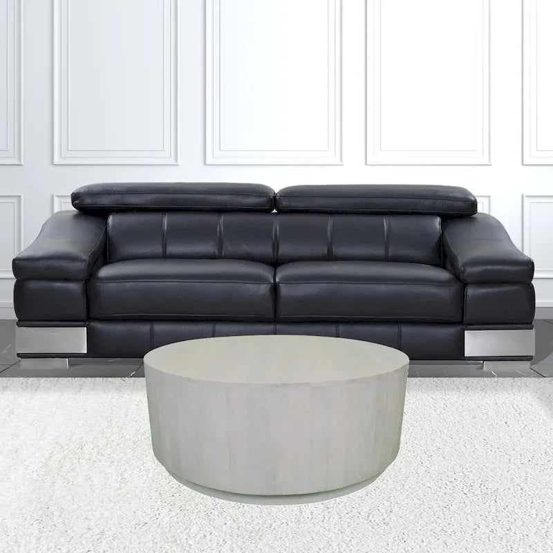 Table Basse Ronde 42" en Bois Massif – Finition Vieillie Blanc Rustique