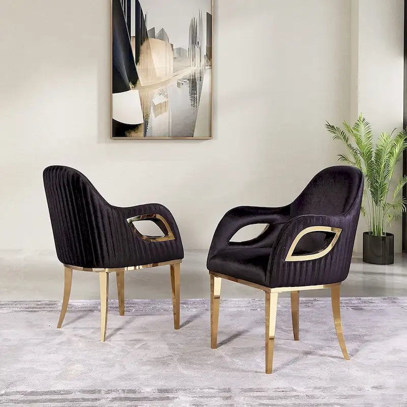 Chaise de salle à manger en velours avec accoudoirs en métal et pieds en acier inoxydable