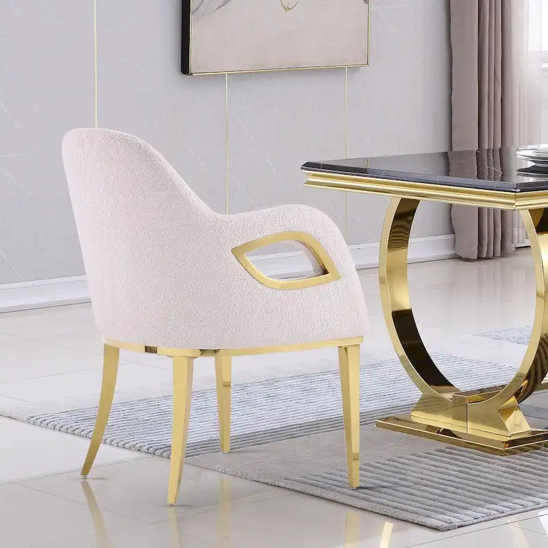 Chaise de salle à manger en velours avec accoudoirs en métal et pieds en acier inoxydable