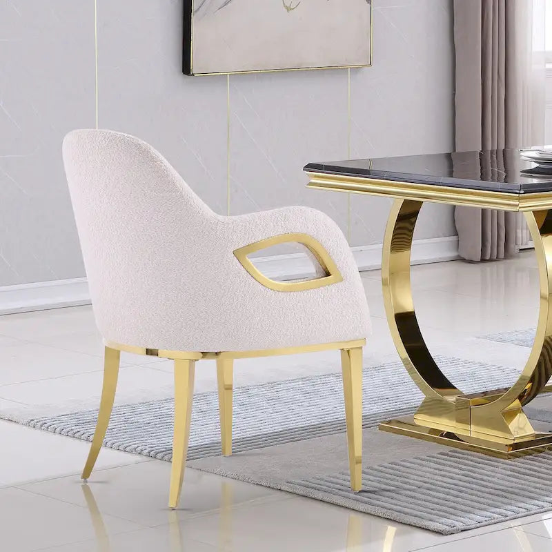 Chaise de salle à manger en velours avec accoudoirs en métal et pieds en acier inoxydable