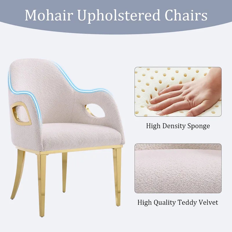 Chaise de salle à manger en velours avec accoudoirs en métal et pieds en acier inoxydable