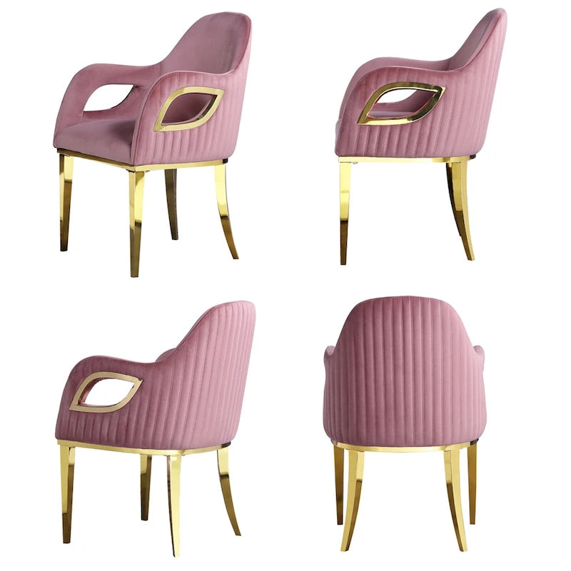 Chaise de salle à manger en velours avec accoudoirs en métal et pieds en acier inoxydable