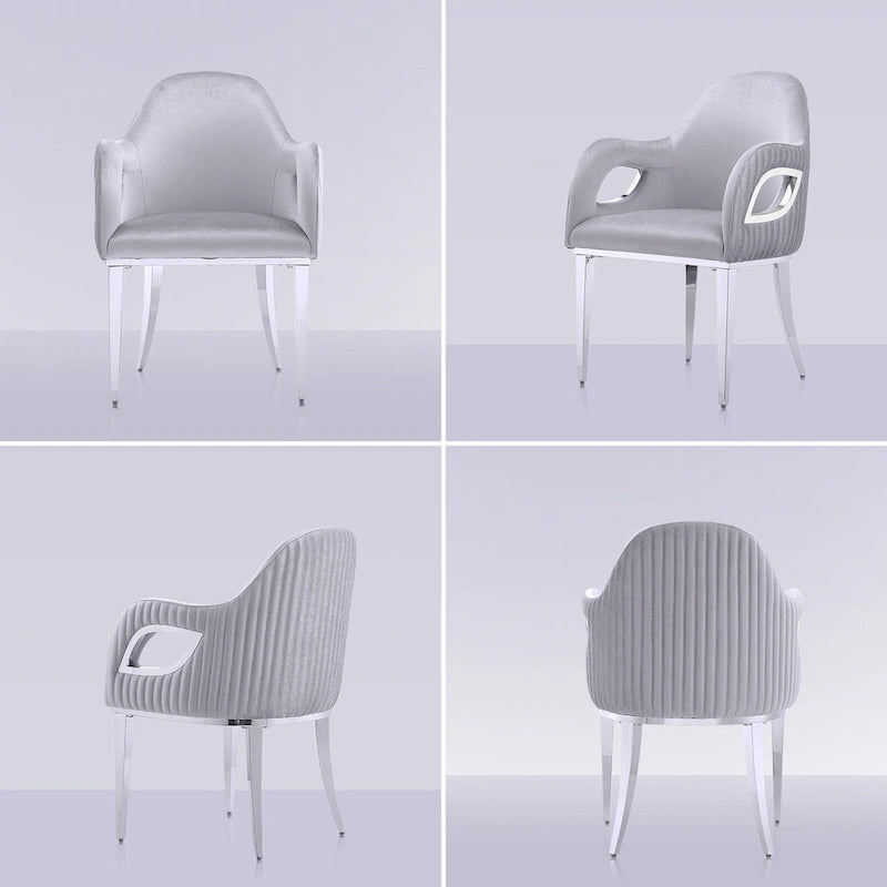 Chaise de salle à manger en velours avec accoudoirs en métal et pieds en acier inoxydable