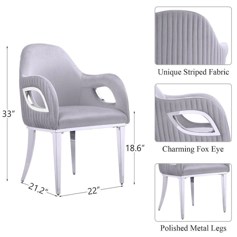 Chaise de salle à manger en velours avec accoudoirs en métal et pieds en acier inoxydable