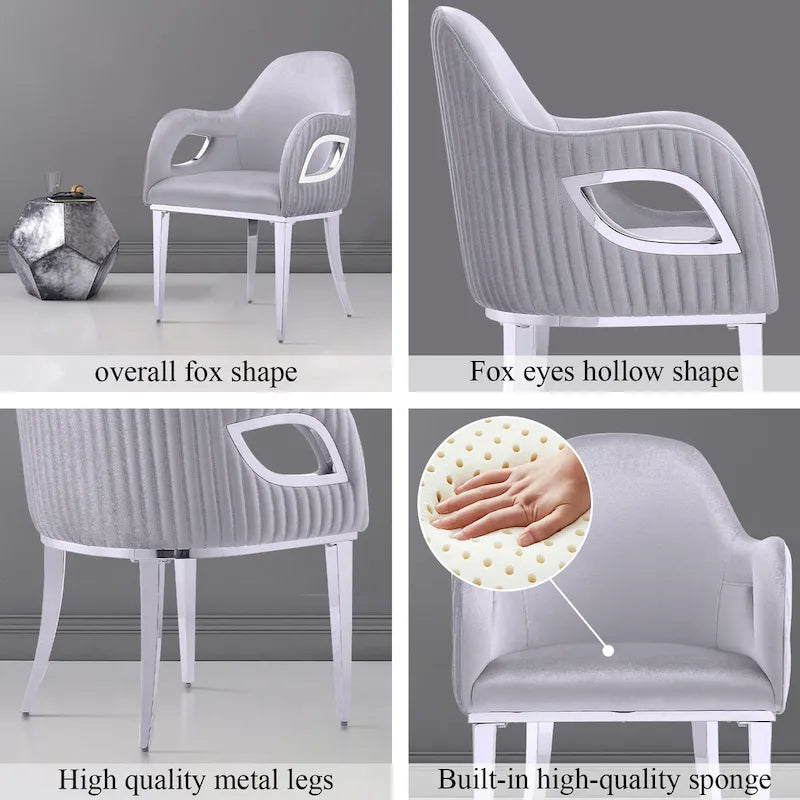 Chaise de salle à manger en velours avec accoudoirs en métal et pieds en acier inoxydable