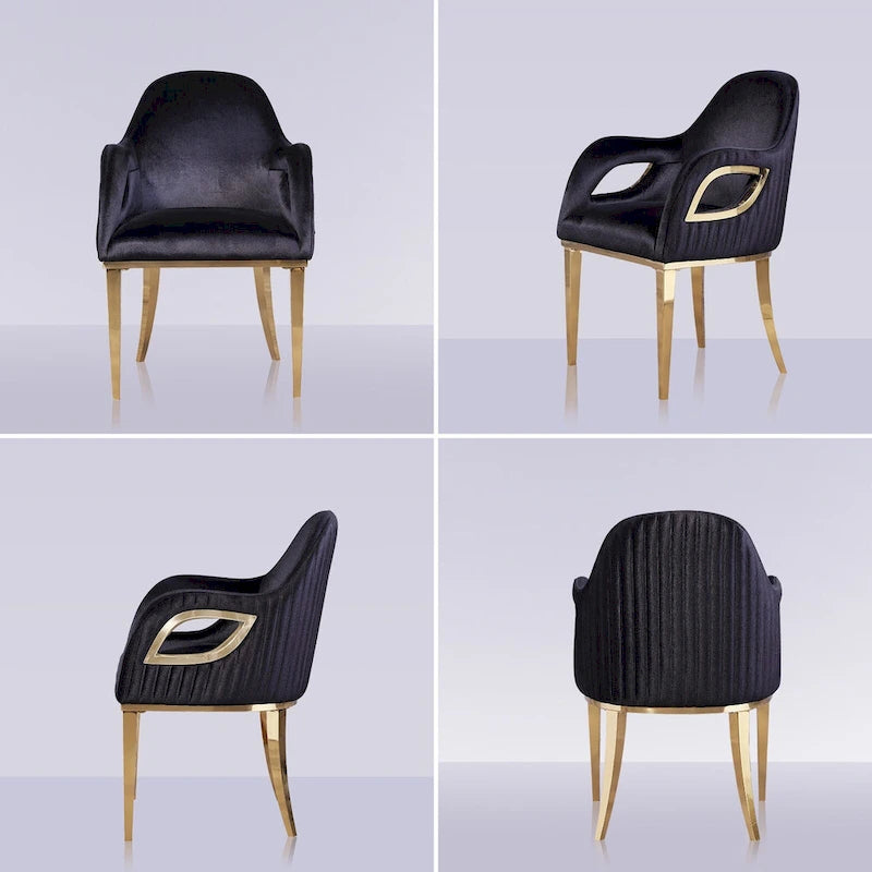 Chaise de salle à manger en velours avec accoudoirs en métal et pieds en acier inoxydable