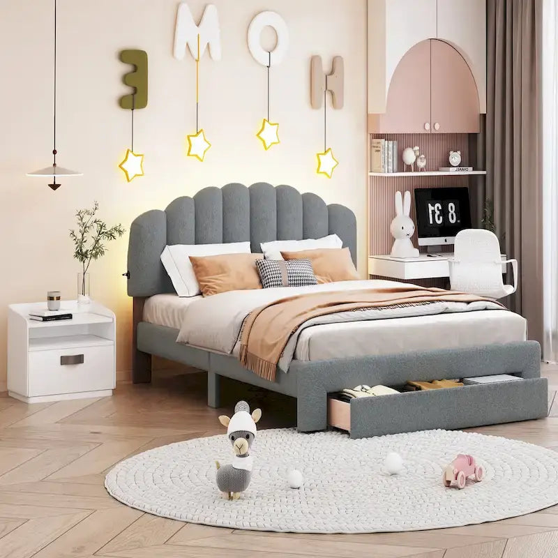 Queen Size Upholstered Platform Bed with Drawer