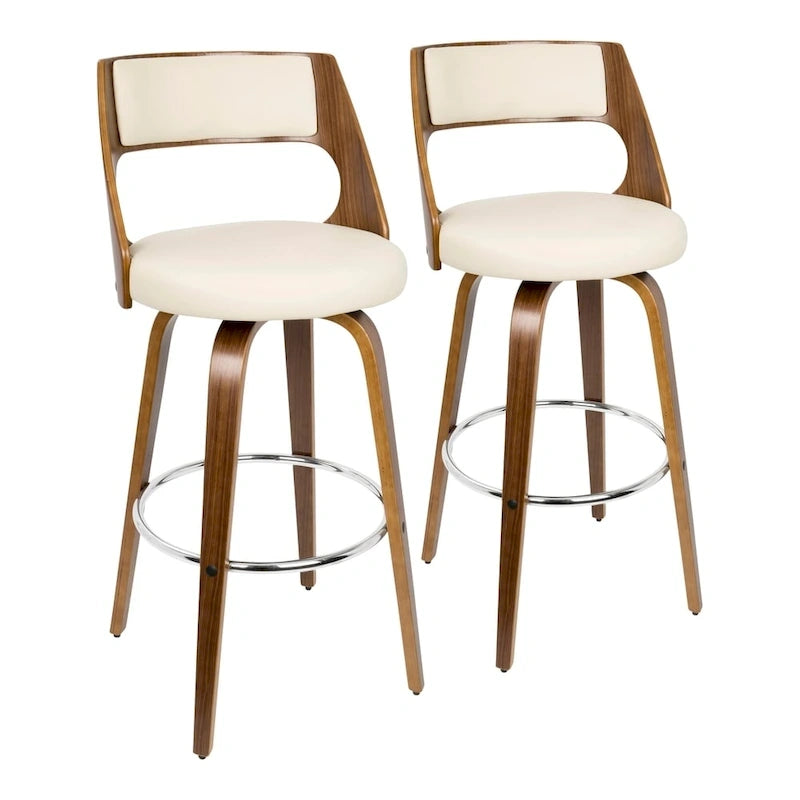 Tabouret de bar pivotant à hauteur fixe de 76 cm avec pieds en bois courbé et repose-pieds rond (lot de 2)