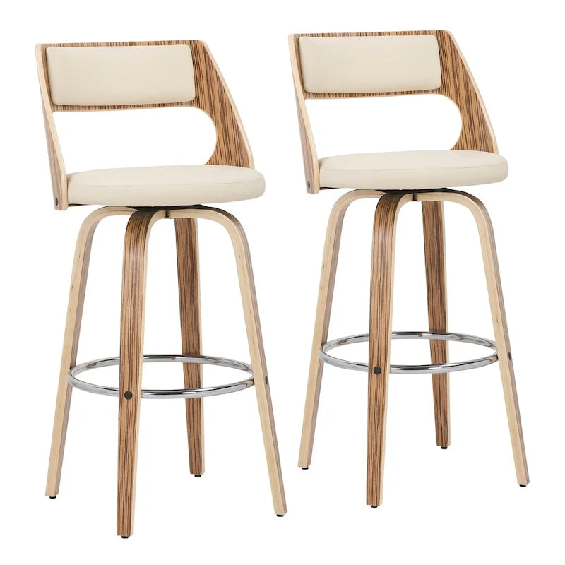 Tabouret de bar pivotant à hauteur fixe de 76 cm avec pieds en bois courbé et repose-pieds rond (lot de 2)