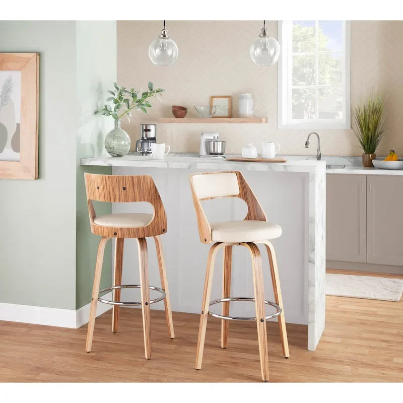 Tabouret de bar pivotant à hauteur fixe de 76 cm avec pieds en bois courbé et repose-pieds rond (lot de 2)
