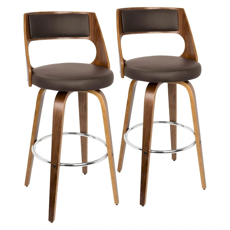 Tabouret de bar pivotant à hauteur fixe de 76 cm avec pieds en bois courbé et repose-pieds rond (lot de 2)