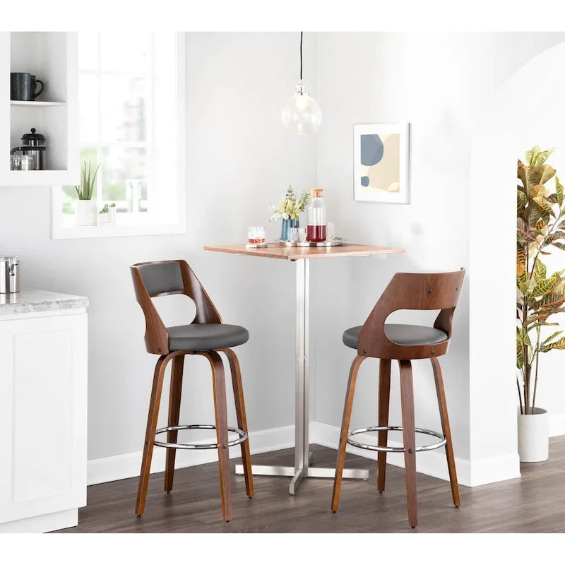 Tabouret de bar pivotant à hauteur fixe de 76 cm avec pieds en bois courbé et repose-pieds rond (lot de 2)