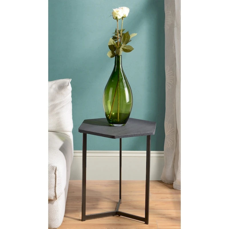 Table d'appoint hexagonale avec plateau en bois foncé et piètement en métal