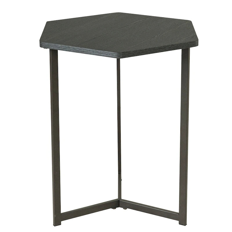 Table d'appoint hexagonale avec plateau en bois foncé et piètement en métal