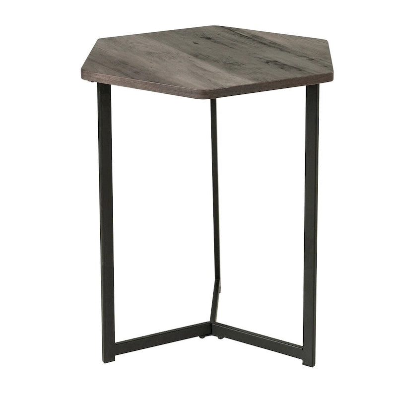 Table d'appoint hexagonale avec plateau en bois foncé et piètement en métal