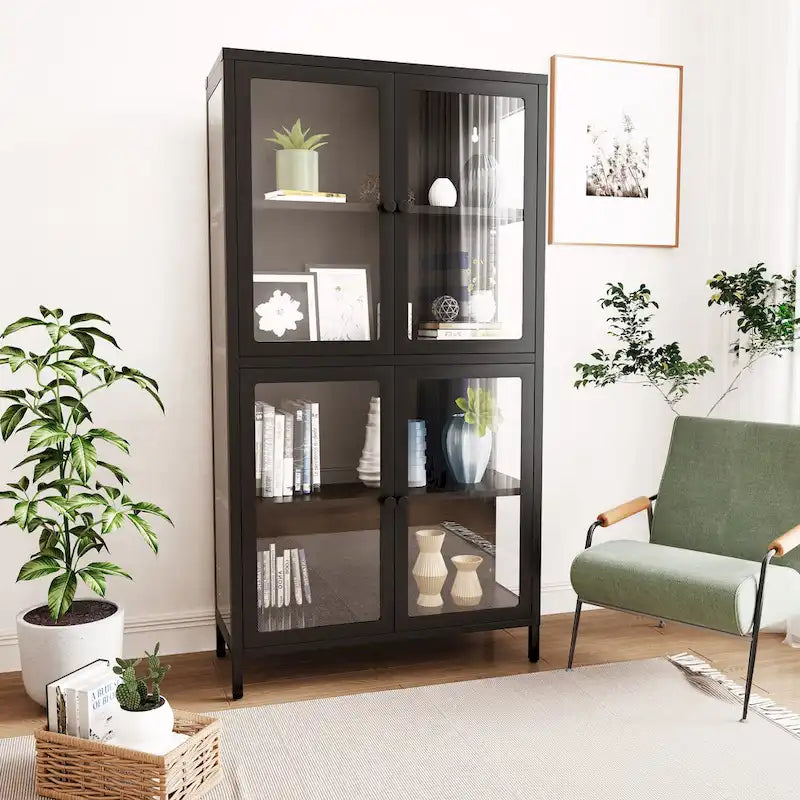 Meuble de rangement vitré à 4 portes avec étagères réglables