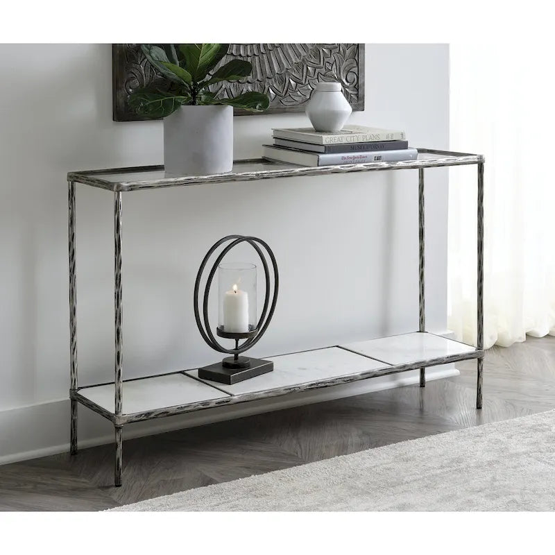 Console-table de canapé à plateau en verre avec étagère en marbre