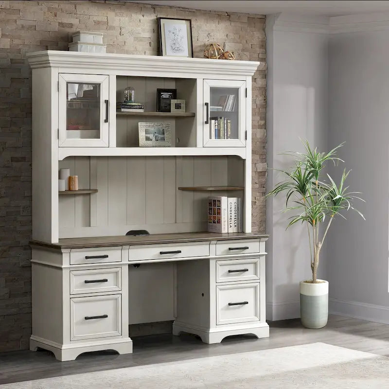 Crédence de bureau à domicile 66 po – Blanc rustique et chêne français