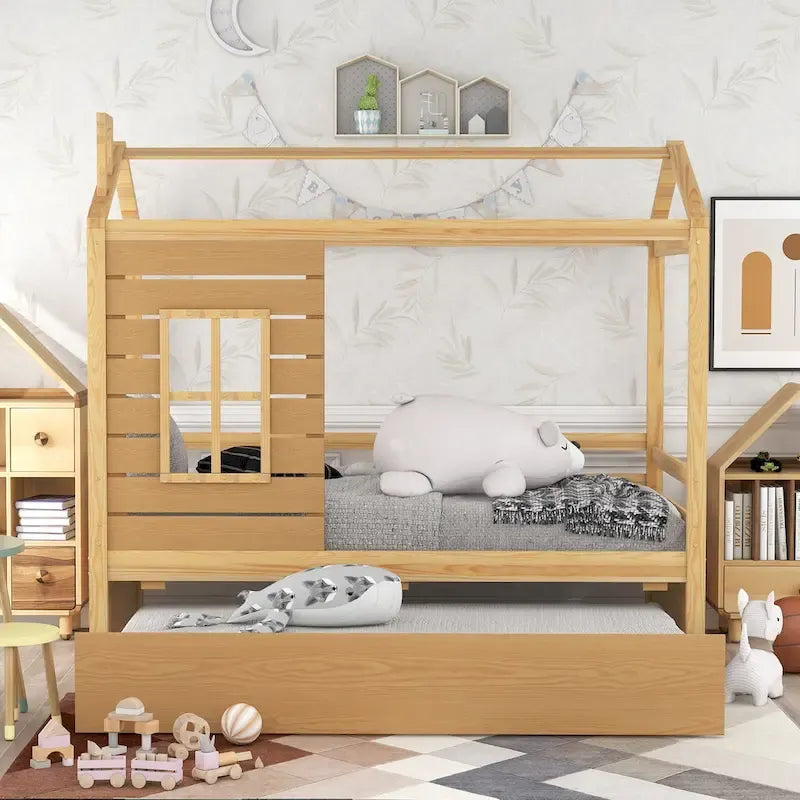 Lit cabane double avec lit gigogne, Naturel