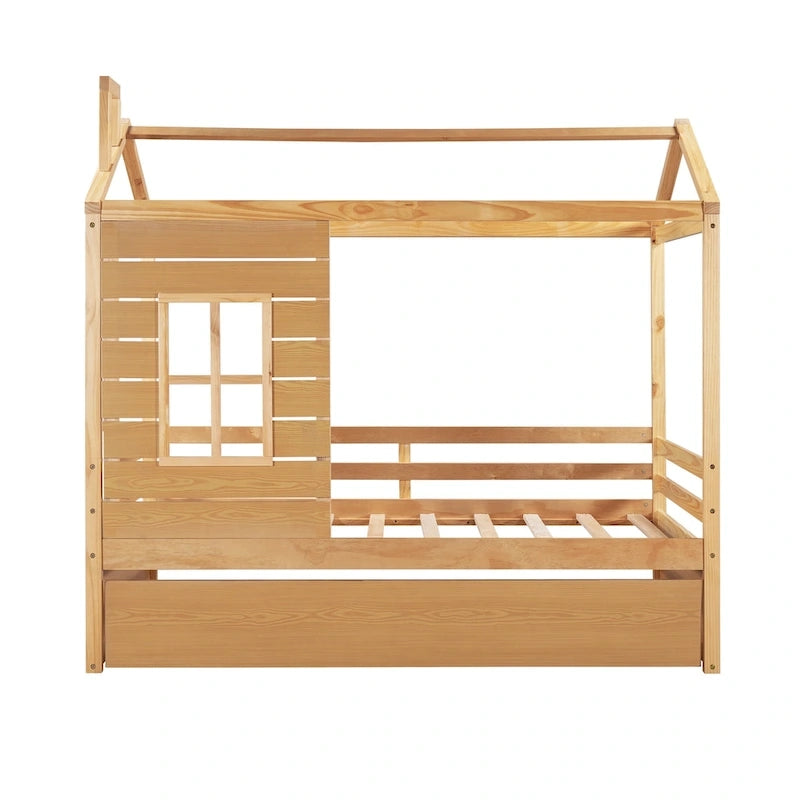 Lit cabane double avec lit gigogne, Naturel