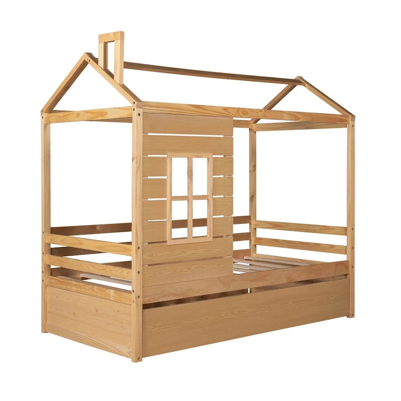 Lit cabane double avec lit gigogne, Naturel