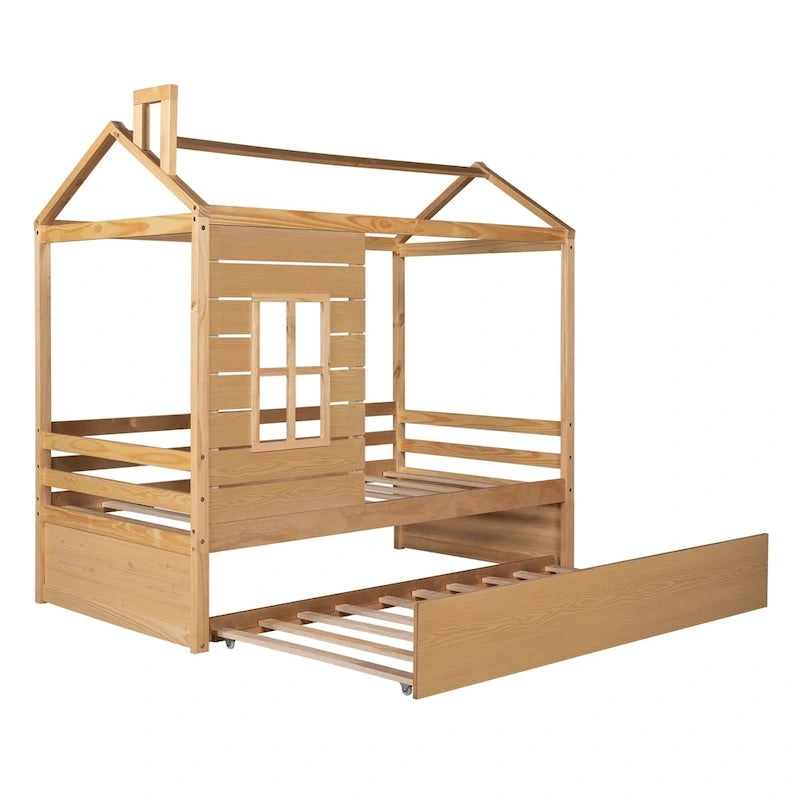 Lit cabane double avec lit gigogne, Naturel