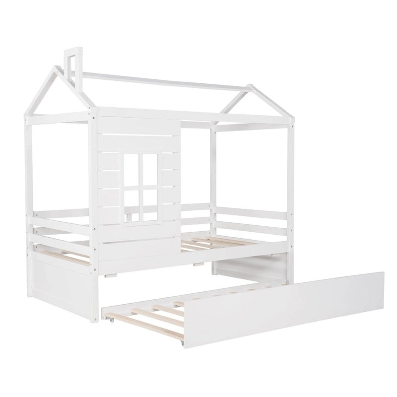 Lit cabane double avec lit gigogne, Naturel