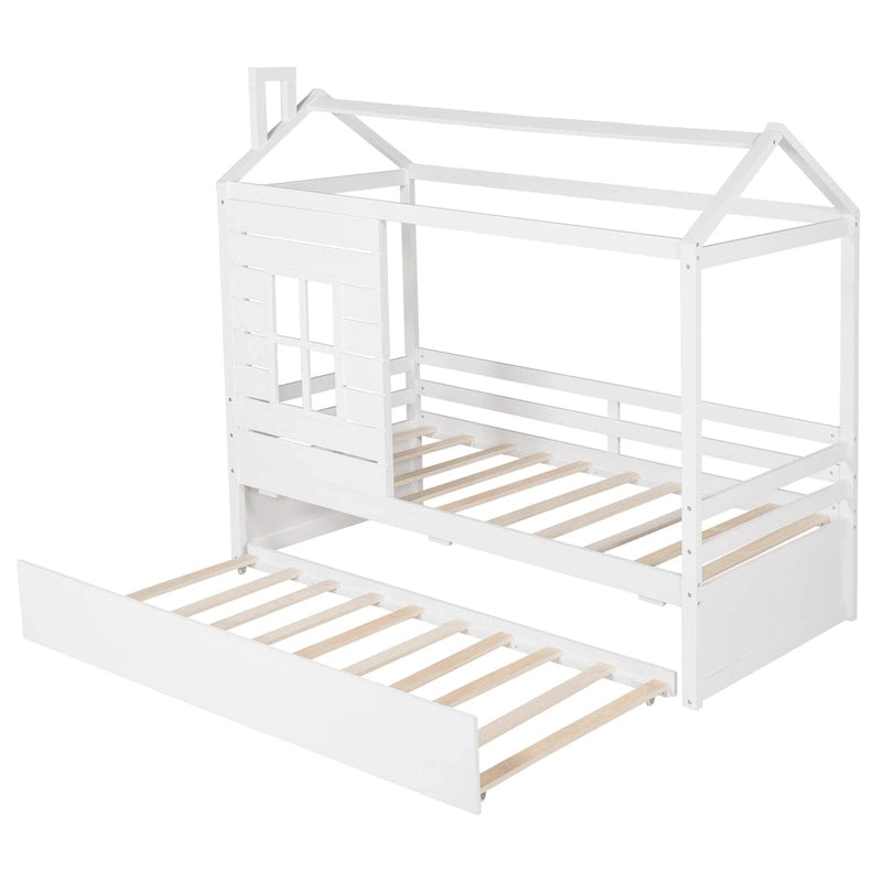 Lit cabane double avec lit gigogne, Naturel
