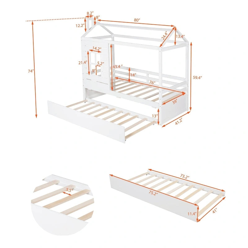 Lit cabane double avec lit gigogne, Naturel