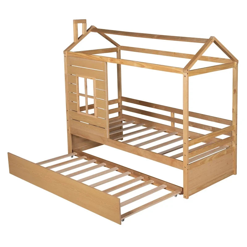 Lit cabane double avec lit gigogne, Naturel