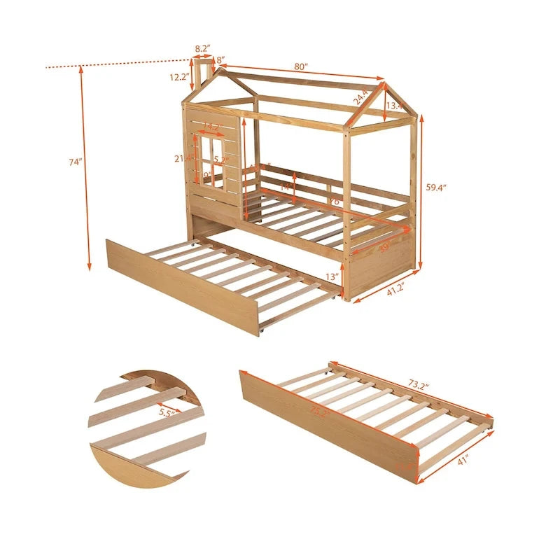 Lit cabane double avec lit gigogne, Naturel