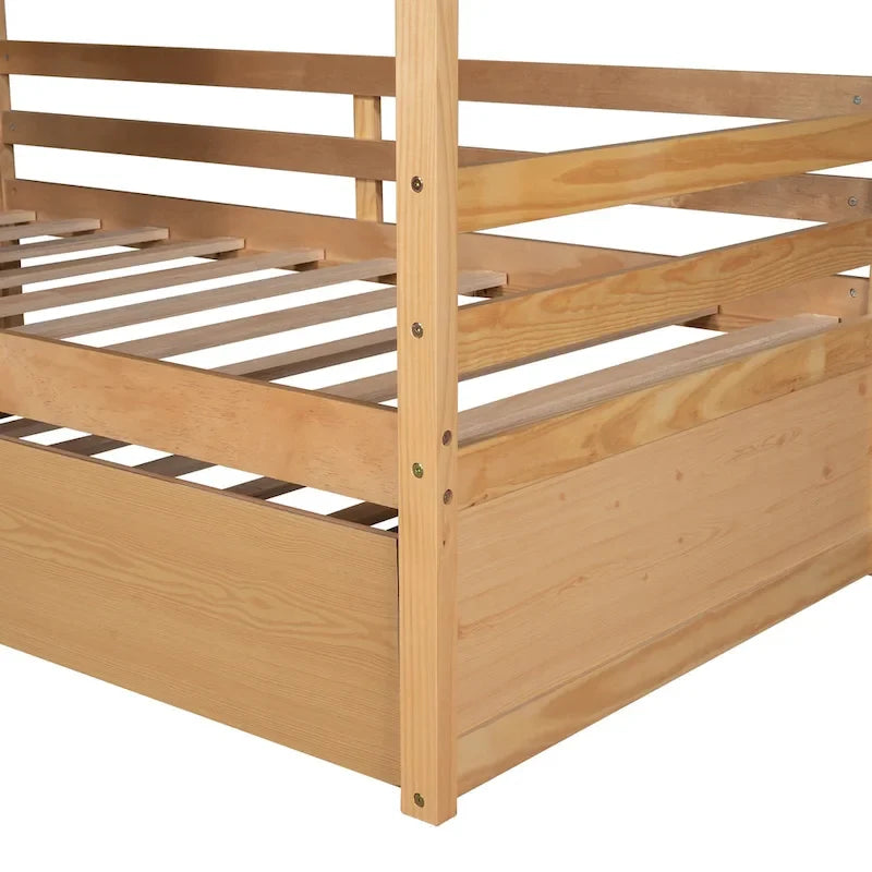 Lit cabane double avec lit gigogne, Naturel