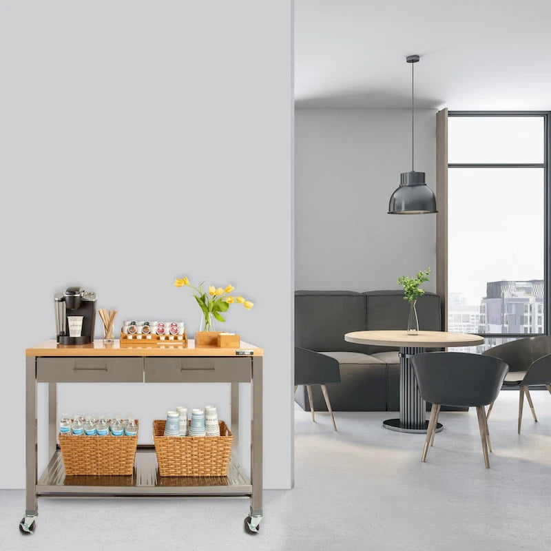 Desserte de cuisine mobile en acier inoxydable à 2 tiroirs avec plateau en bois massif - 48 L x 24 P
