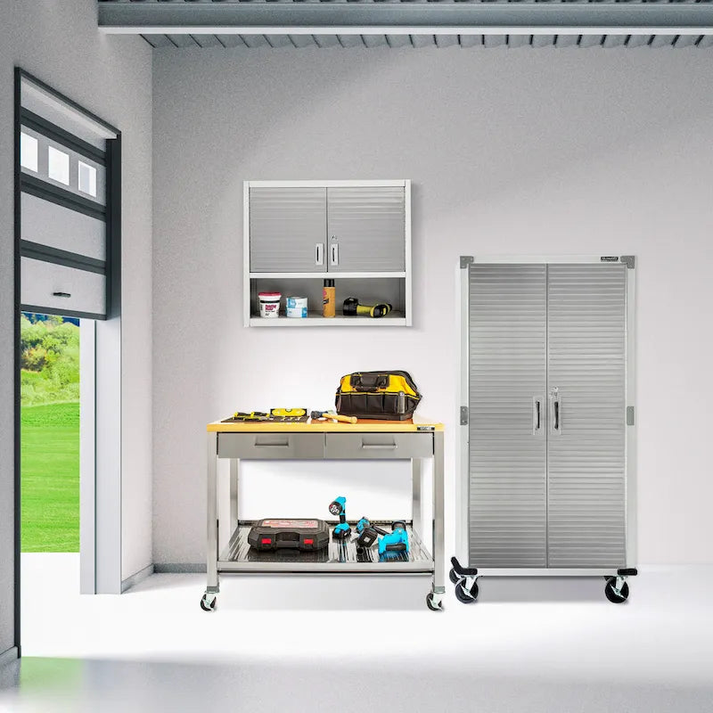 Desserte de cuisine mobile en acier inoxydable à 2 tiroirs avec plateau en bois massif - 48 L x 24 P
