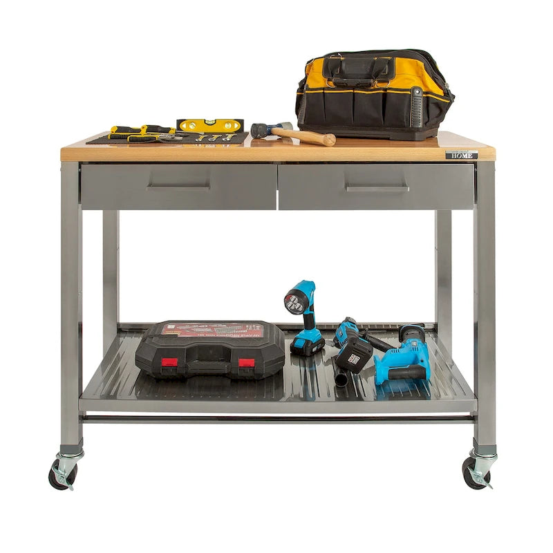 Desserte de cuisine mobile en acier inoxydable à 2 tiroirs avec plateau en bois massif - 48 L x 24 P