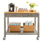 Desserte de cuisine mobile en acier inoxydable à 2 tiroirs avec plateau en bois massif - 48 L x 24 P