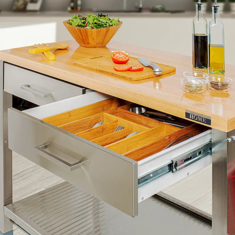 Desserte de cuisine mobile en acier inoxydable à 2 tiroirs avec plateau en bois massif - 48 L x 24 P