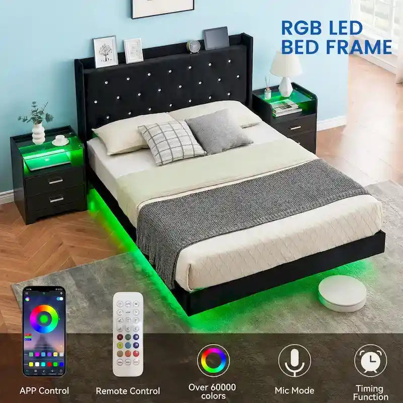 Cadre de lit plateforme rembourré avec lumières LED