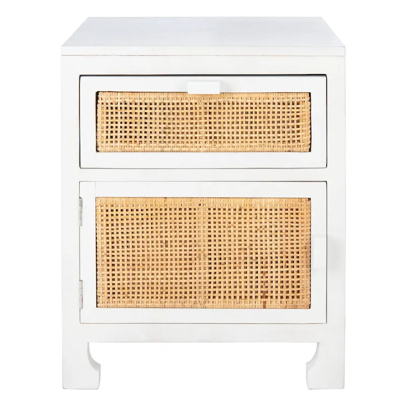 Table de chevet 1 tiroir 1 porte Coastal avec détails en rotin