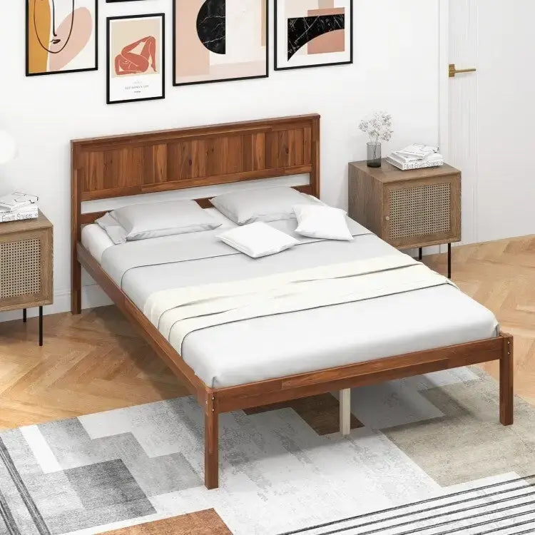 Cadre de lit en bois massif avec tête de lit et sommier à lattes