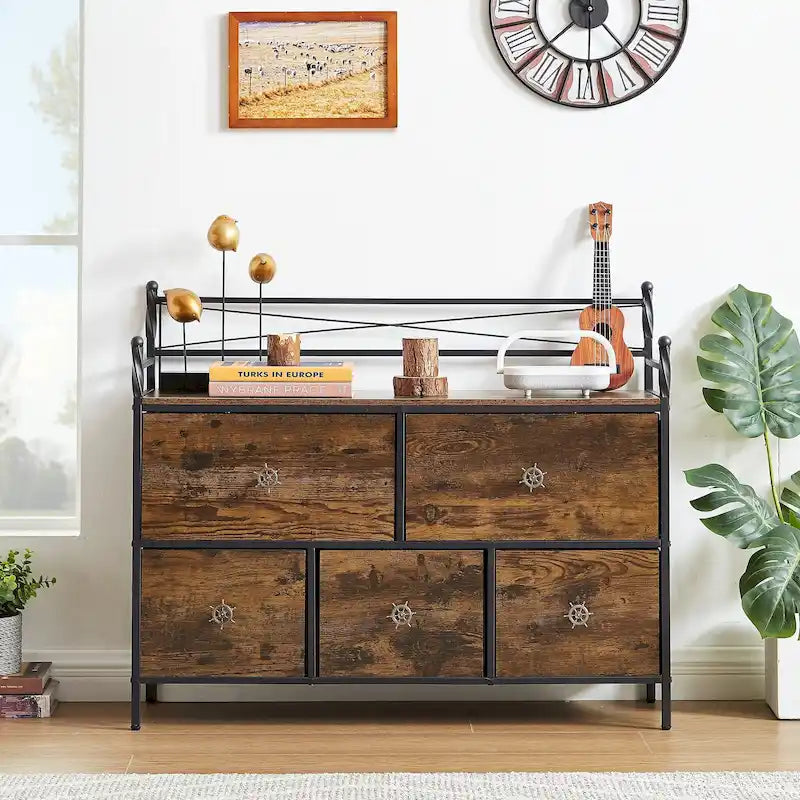 Commode en bois avec 5 tiroirs en tissu – Meuble de rangement pour chambre et salon