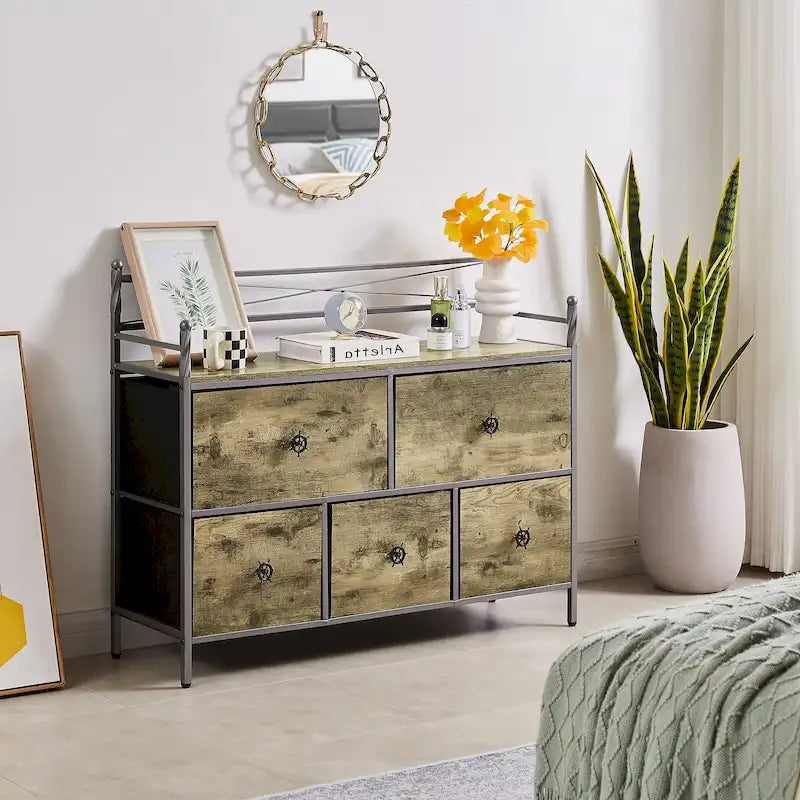 Commode en bois avec 5 tiroirs en tissu – Meuble de rangement pour chambre et salon