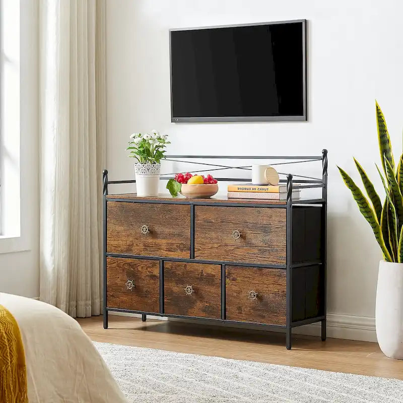 Commode en bois avec 5 tiroirs en tissu – Meuble de rangement pour chambre et salon
