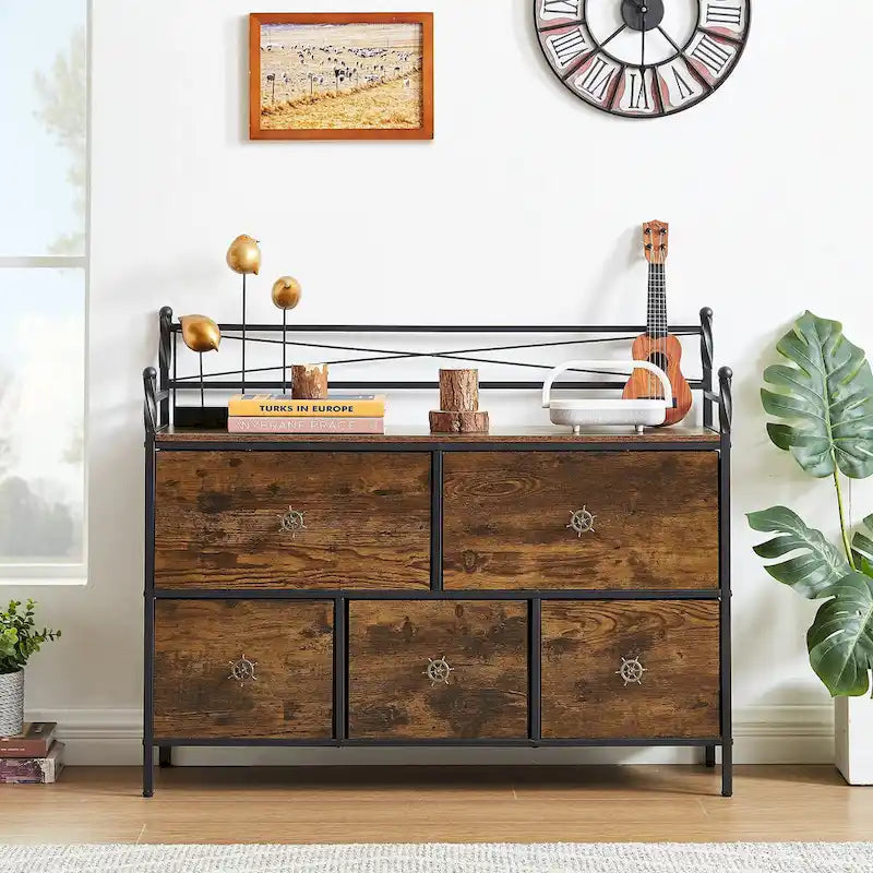 Commode en bois avec 5 tiroirs en tissu – Meuble de rangement pour chambre et salon