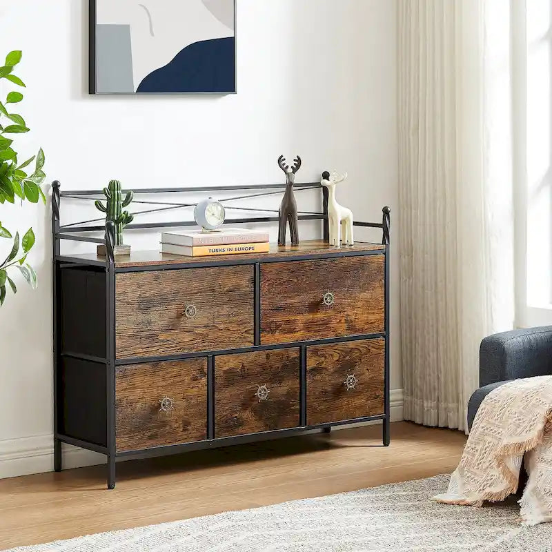 Commode en bois avec 5 tiroirs en tissu – Meuble de rangement pour chambre et salon