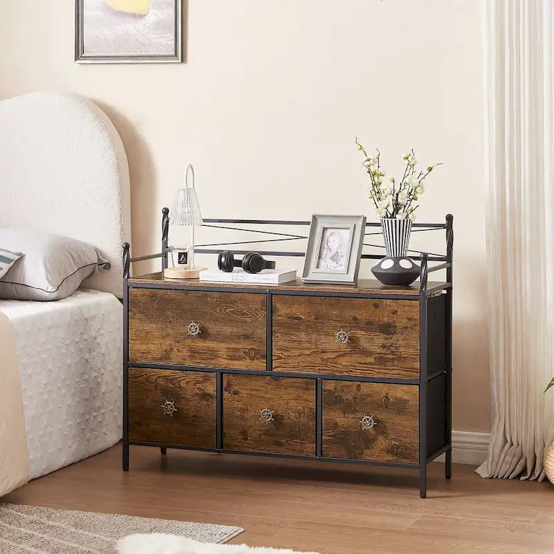 Commode en bois avec 5 tiroirs en tissu – Meuble de rangement pour chambre et salon