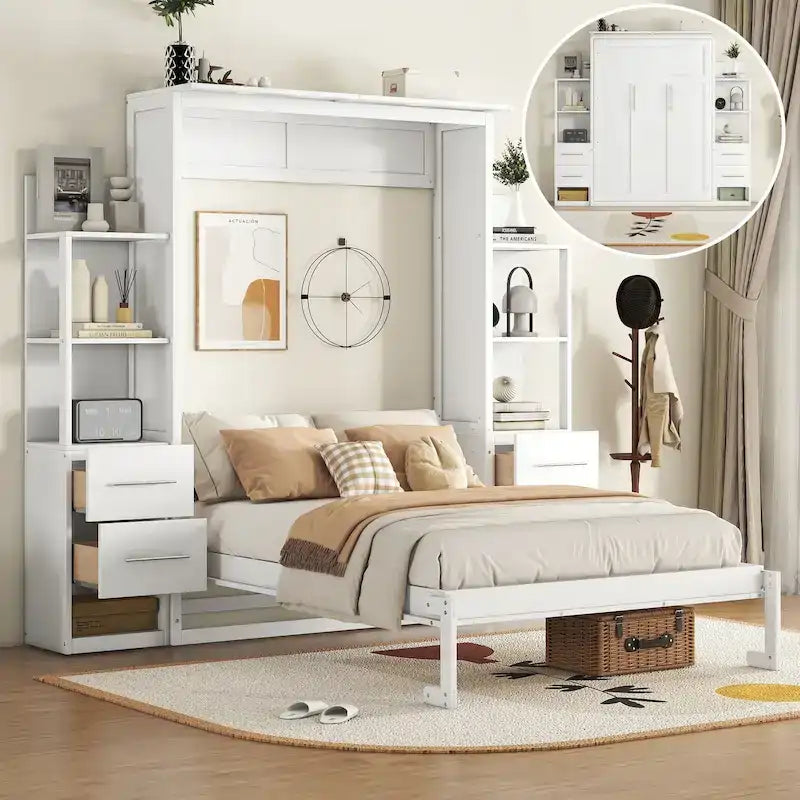 Lit mural escamotable pleine grandeur avec armoire, étagères, tiroirs et lumières LED