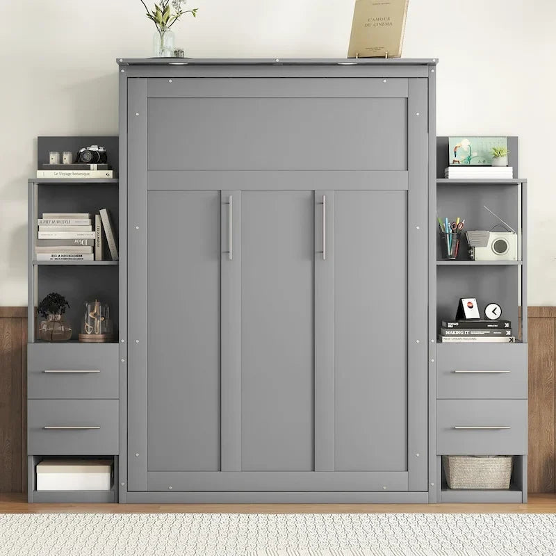 Lit mural escamotable pleine grandeur avec armoire, étagères, tiroirs et lumières LED