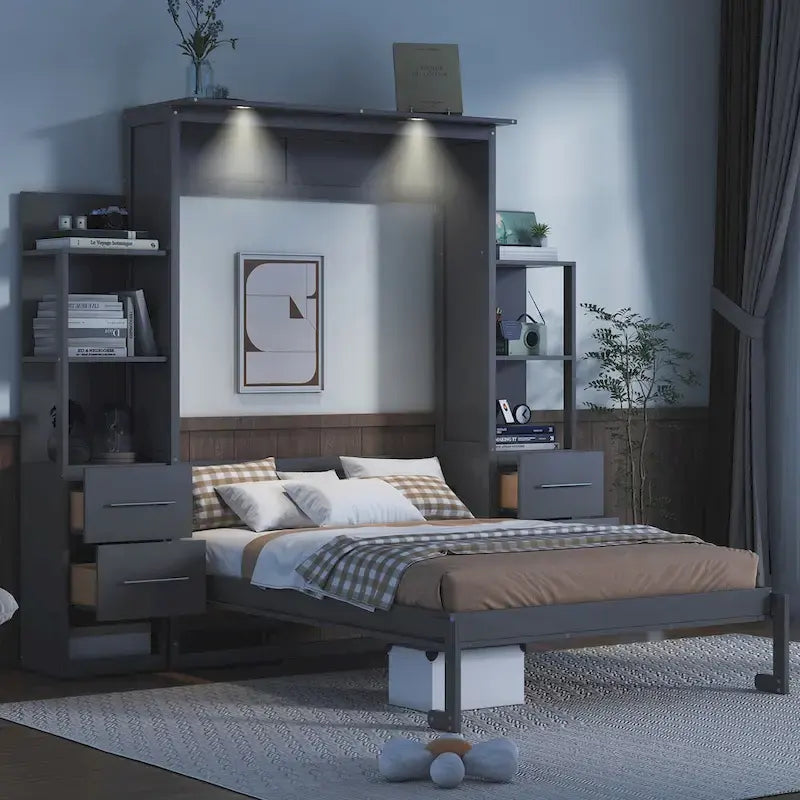Lit mural escamotable pleine grandeur avec armoire, étagères, tiroirs et lumières LED
