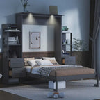Lit mural escamotable pleine grandeur avec armoire, étagères, tiroirs et lumières LED